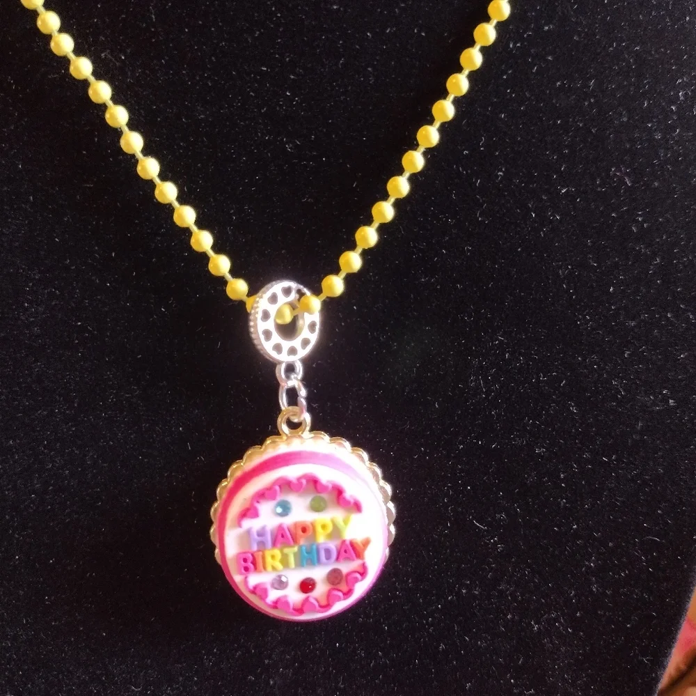 Happy Birthday Cake Pendant Charm on a yellow Ball chain Necklace